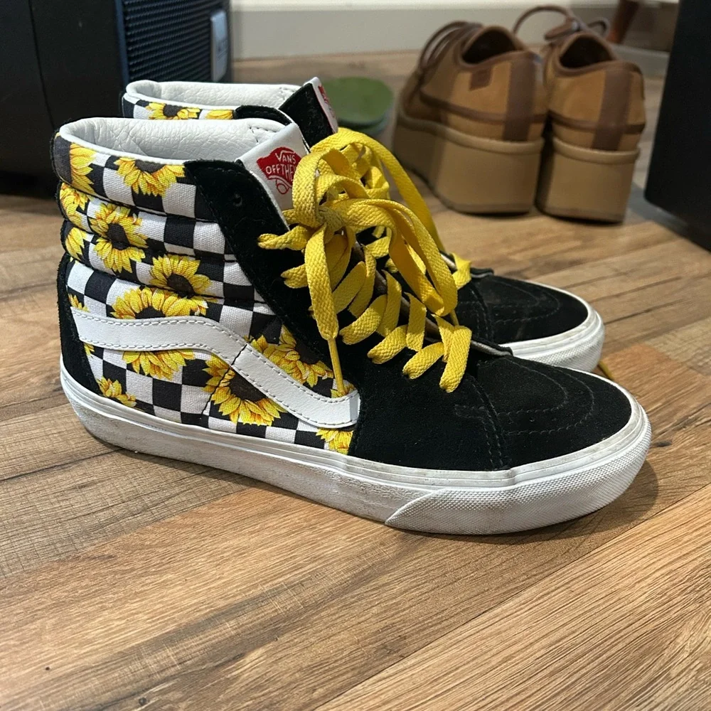 Vans Black and White High-Tops with Yellow Laces - Picture 2 of 3